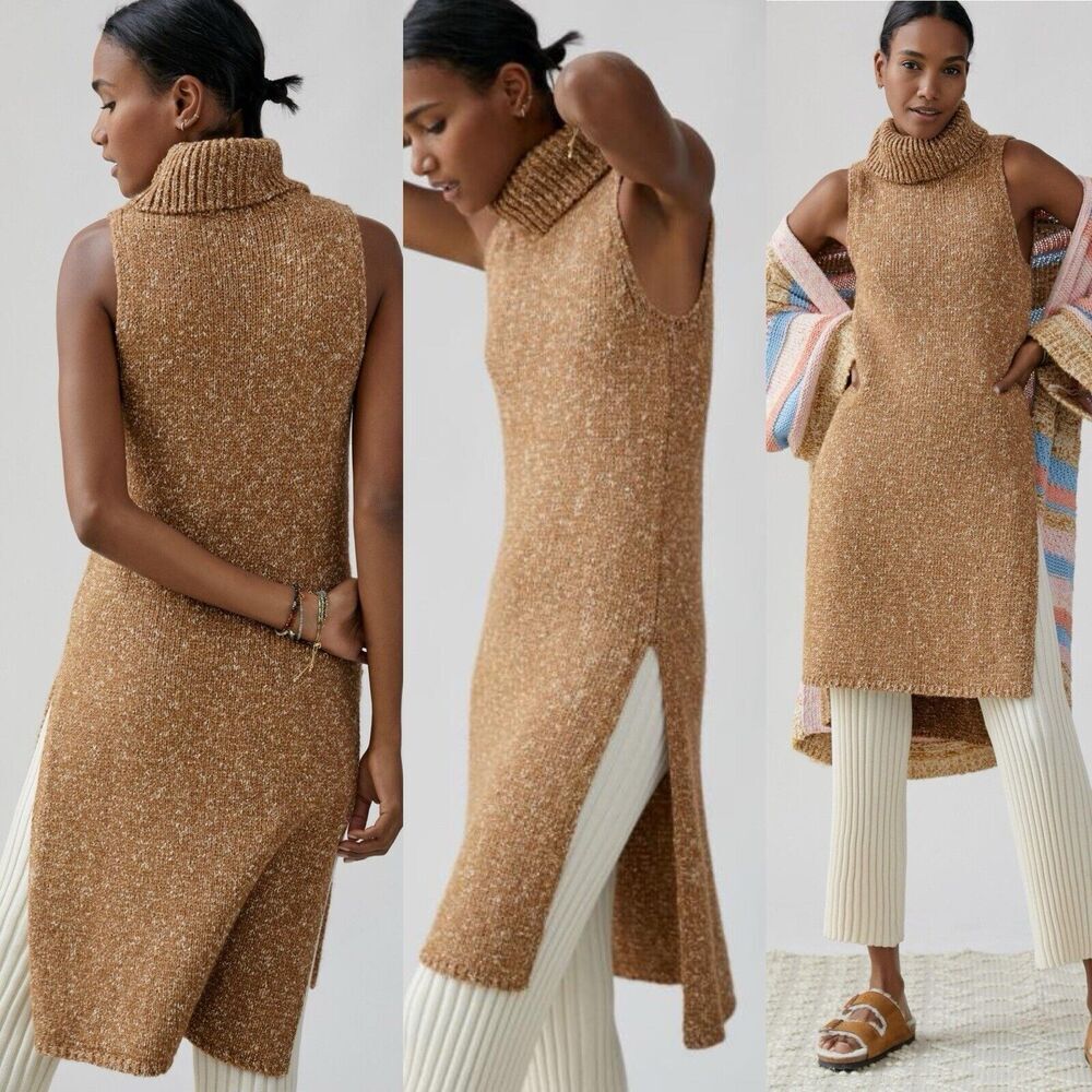 Anthropologie Womens Tunic Sweater XS Brown Speckled Modern Minimalist Knitwear